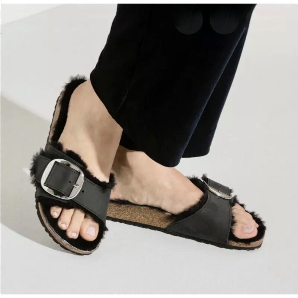 Free People Madrid Birkenstock Sandal Big Buckle Shearling Leather Black